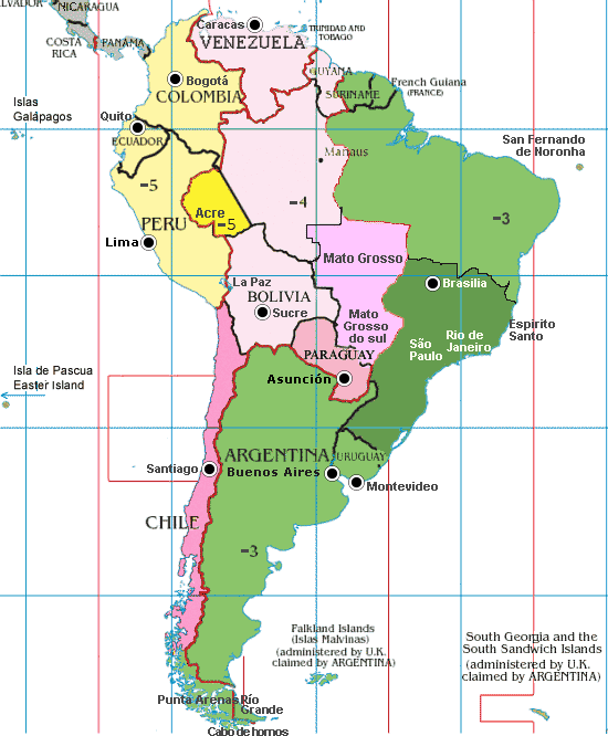 Mapa Zonas Horarias Sudamérica Hora Actual Y Huso Horario